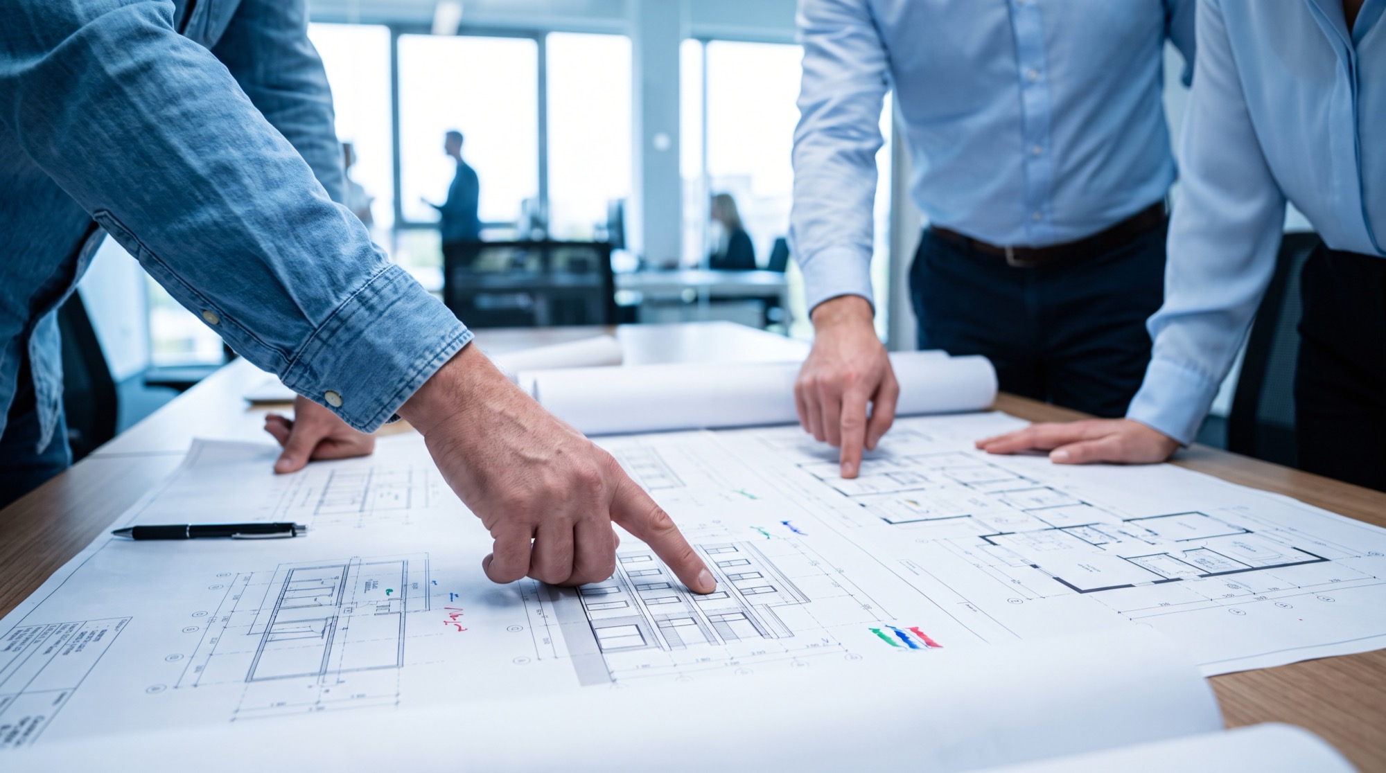 A project team pointing out details on a floor plan
